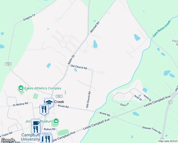 map of restaurants, bars, coffee shops, grocery stores, and more near 87 Wolf Creek Lane in Lillington