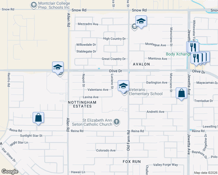 map of restaurants, bars, coffee shops, grocery stores, and more near 12306 Valentano Avenue in Bakersfield
