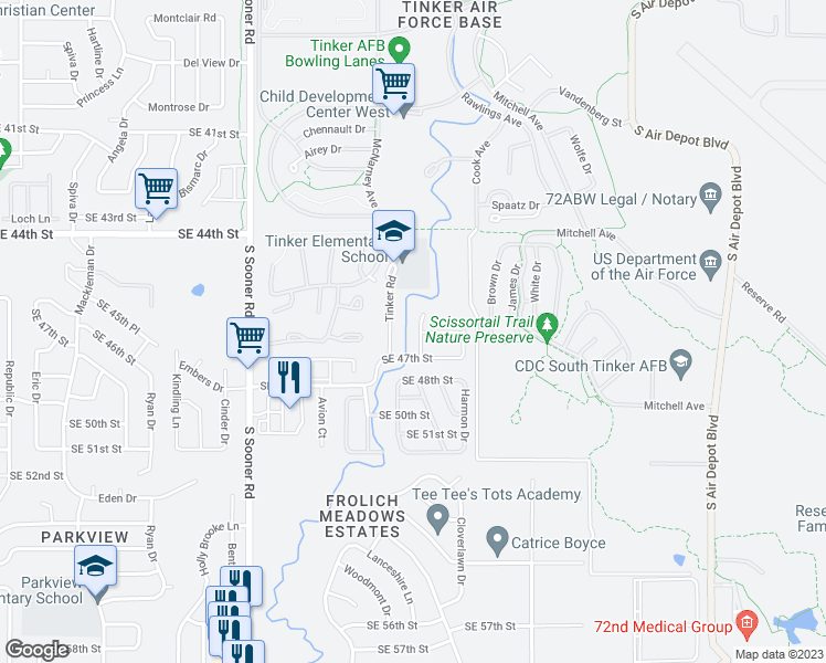 map of restaurants, bars, coffee shops, grocery stores, and more near 4633 Creek Ct in Oklahoma City