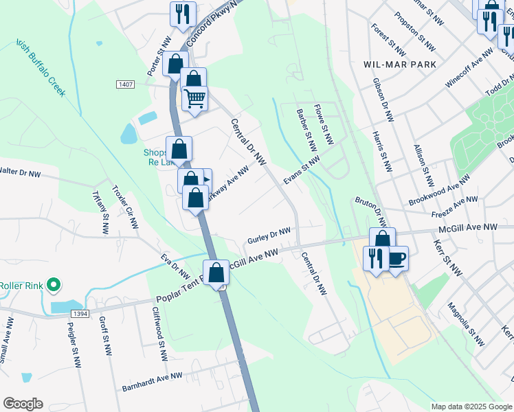 map of restaurants, bars, coffee shops, grocery stores, and more near Winecoff Avenue Northwest in Concord