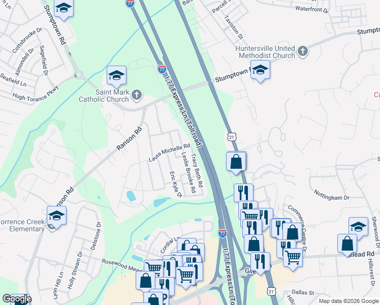 map of restaurants, bars, coffee shops, grocery stores, and more near 14621 Laura Michelle Road in Huntersville