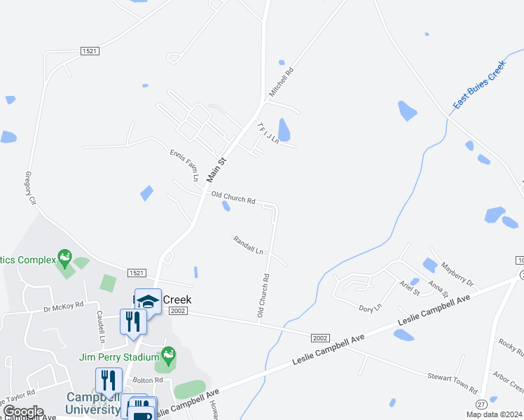 map of restaurants, bars, coffee shops, grocery stores, and more near 103 Wolf Creek Lane in Lillington
