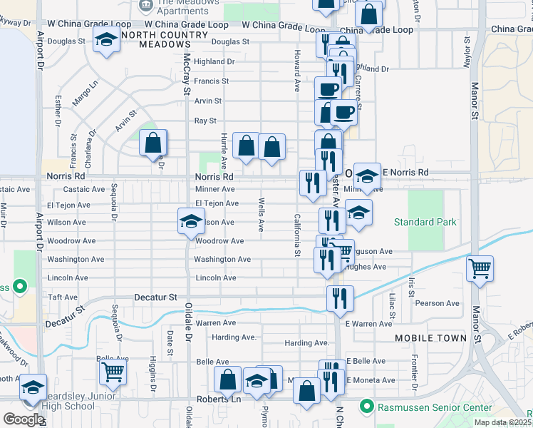 map of restaurants, bars, coffee shops, grocery stores, and more near 217 El Tejon Avenue in Bakersfield