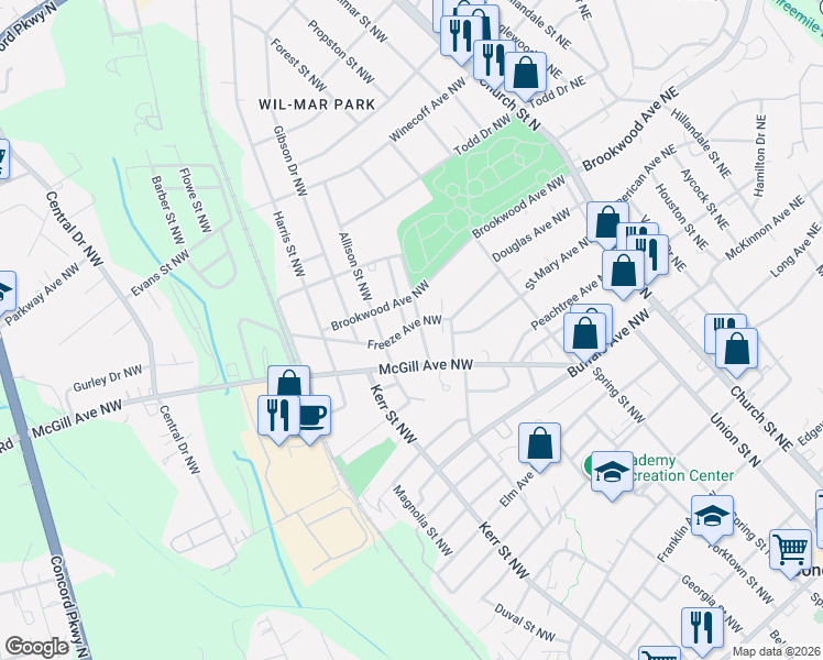 map of restaurants, bars, coffee shops, grocery stores, and more near 445 Saint James Street Northwest in Concord