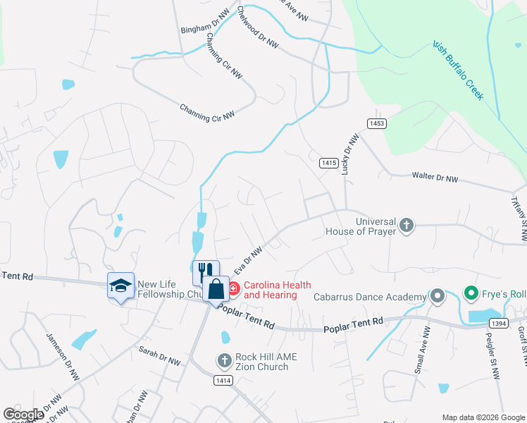 map of restaurants, bars, coffee shops, grocery stores, and more near 176 Wescot Drive Northwest in Concord