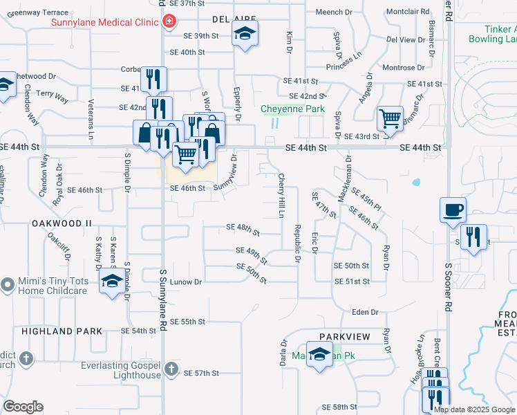 map of restaurants, bars, coffee shops, grocery stores, and more near 4700 Southeast 46th Street in Oklahoma City