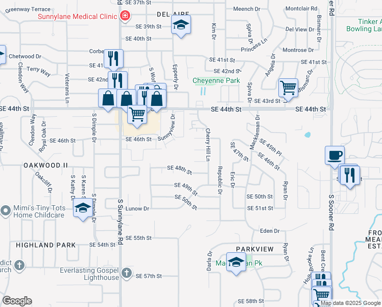 map of restaurants, bars, coffee shops, grocery stores, and more near 4700 Southeast 46th Street in Oklahoma City