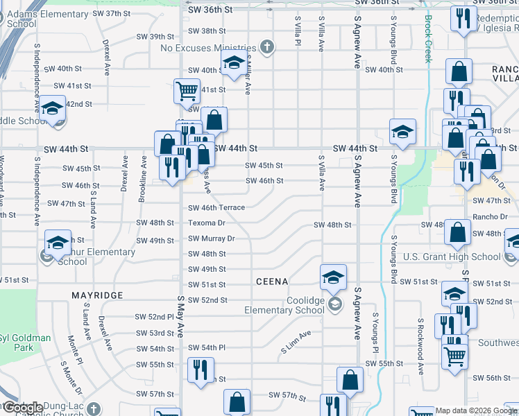 map of restaurants, bars, coffee shops, grocery stores, and more near 2628 Southwest 46th Terrace in Oklahoma City