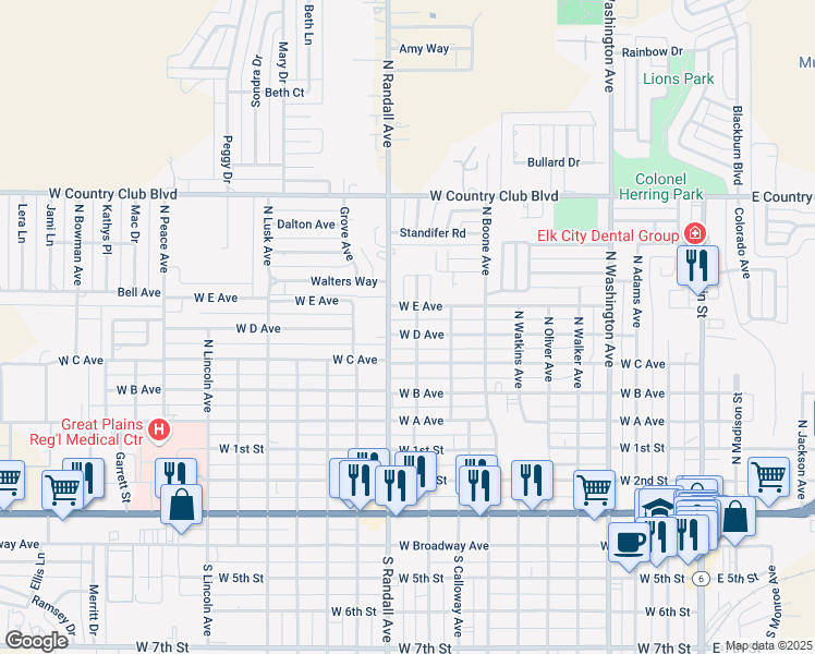 map of restaurants, bars, coffee shops, grocery stores, and more near 814 North Randall Avenue in Elk City