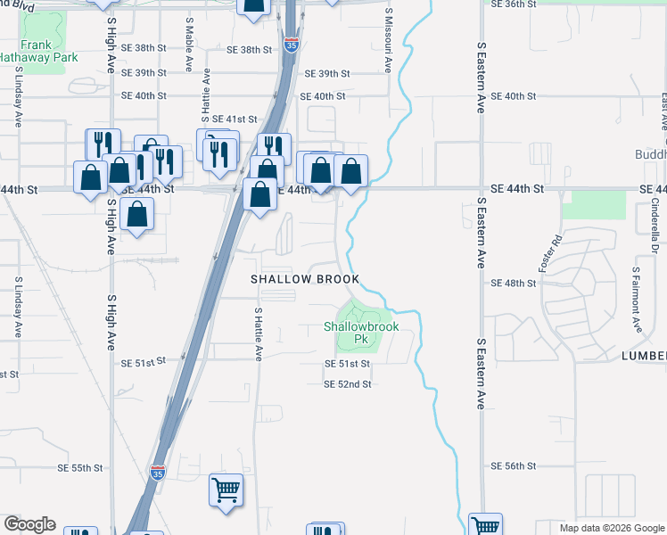 map of restaurants, bars, coffee shops, grocery stores, and more near 4720 South Shallow Brook Drive in Oklahoma City