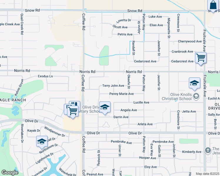 map of restaurants, bars, coffee shops, grocery stores, and more near 7705 Terry John Avenue in Bakersfield