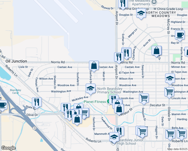 map of restaurants, bars, coffee shops, grocery stores, and more near 10191/2 El Tejon Avenue in Bakersfield