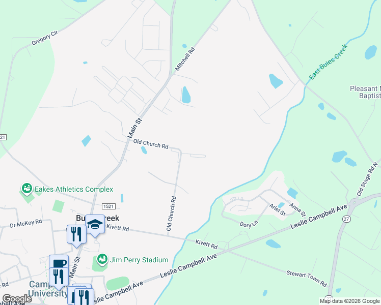 map of restaurants, bars, coffee shops, grocery stores, and more near 55 River Stancil Drive in Lillington