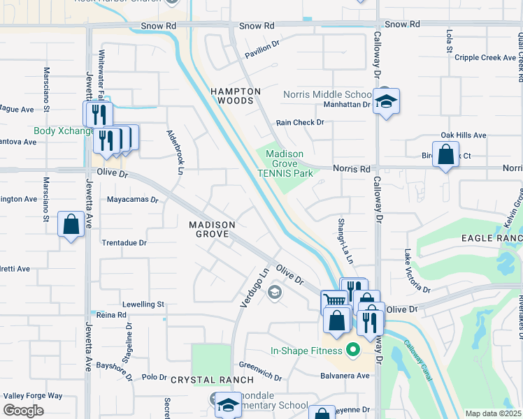 map of restaurants, bars, coffee shops, grocery stores, and more near 10328 Seneca Falls Avenue in Bakersfield