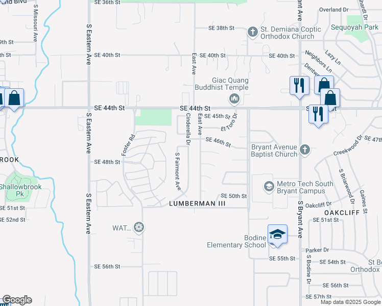 map of restaurants, bars, coffee shops, grocery stores, and more near 4800 Cinderella Drive in Oklahoma City