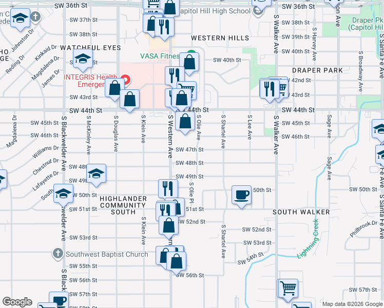 map of restaurants, bars, coffee shops, grocery stores, and more near 806 Southwest 47th Street in Oklahoma City