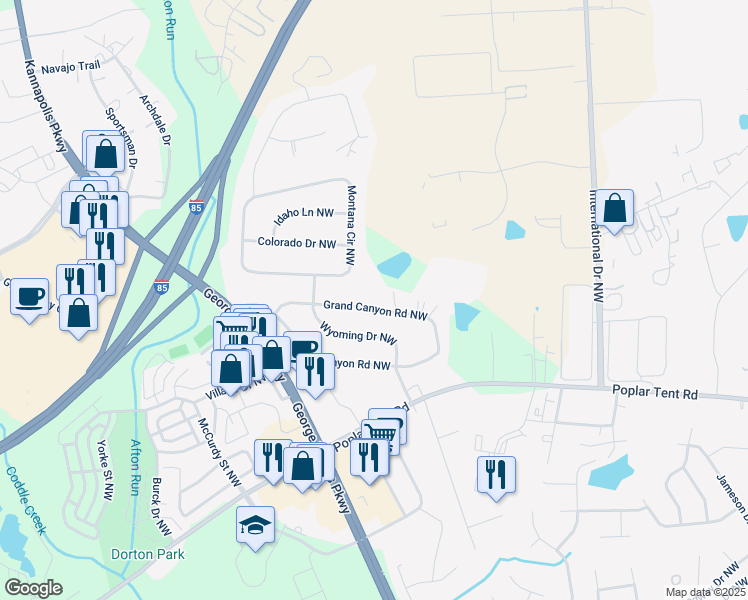 map of restaurants, bars, coffee shops, grocery stores, and more near 5000 Grand Canyon Road Northwest in Concord