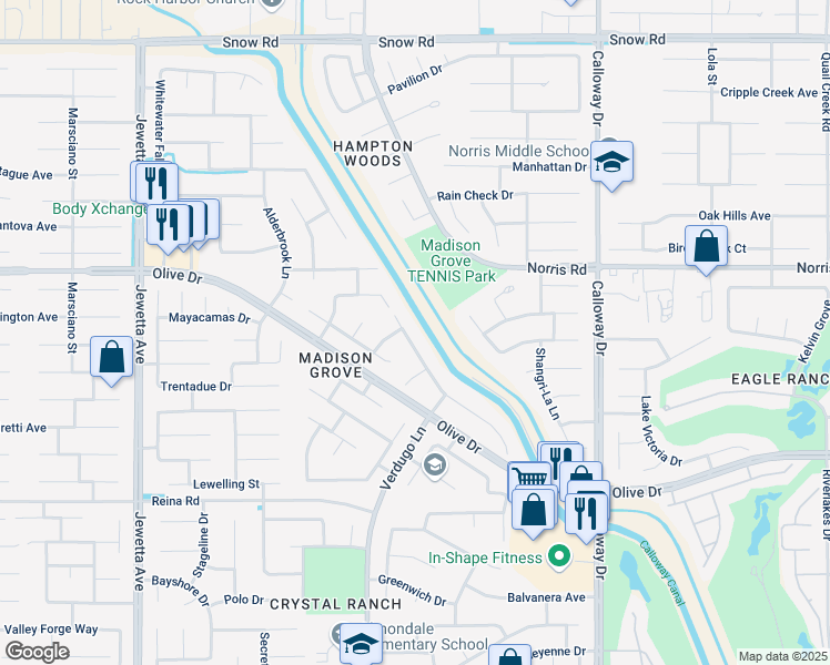 map of restaurants, bars, coffee shops, grocery stores, and more near 10328 Seneca Falls Avenue in Bakersfield