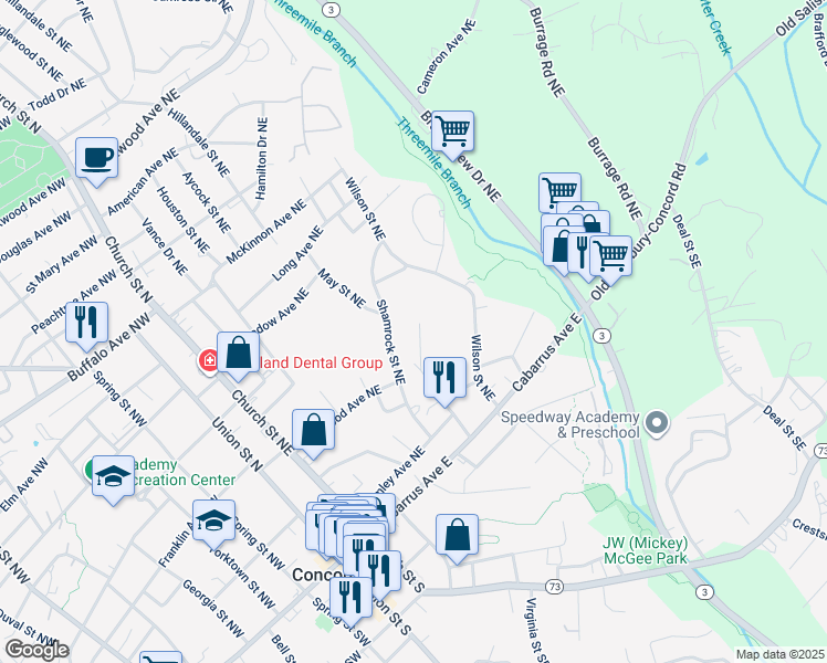 map of restaurants, bars, coffee shops, grocery stores, and more near 97 Snyder Court Northeast in Concord