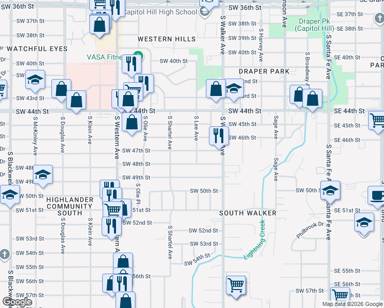 map of restaurants, bars, coffee shops, grocery stores, and more near 604 Southwest 47th Street in Oklahoma City