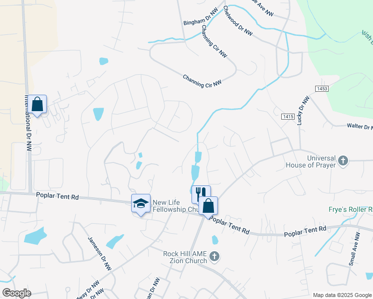map of restaurants, bars, coffee shops, grocery stores, and more near 200 Edgewater Drive Northwest in Concord