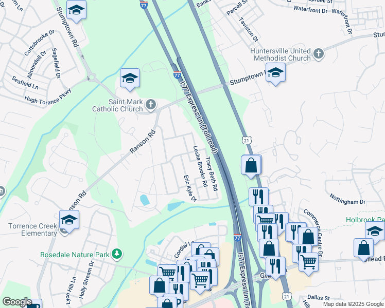 map of restaurants, bars, coffee shops, grocery stores, and more near 14627 Laura Michelle Road in Huntersville