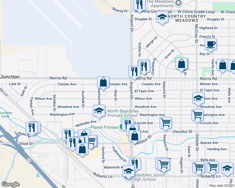map of restaurants, bars, coffee shops, grocery stores, and more near 1003 El Tejon Avenue in Bakersfield