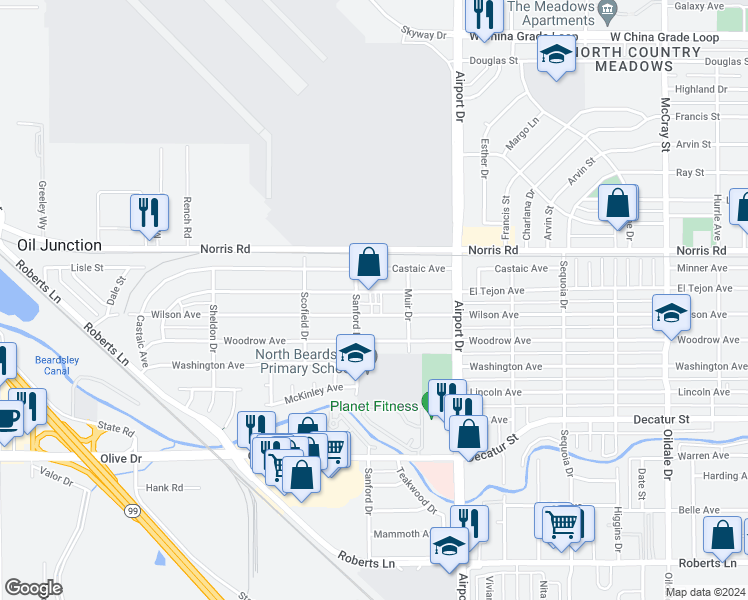 map of restaurants, bars, coffee shops, grocery stores, and more near 1021 El Tejon Avenue in Bakersfield