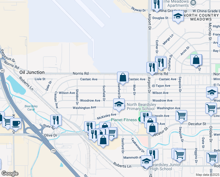 map of restaurants, bars, coffee shops, grocery stores, and more near 1111 El Tejon Avenue in Bakersfield