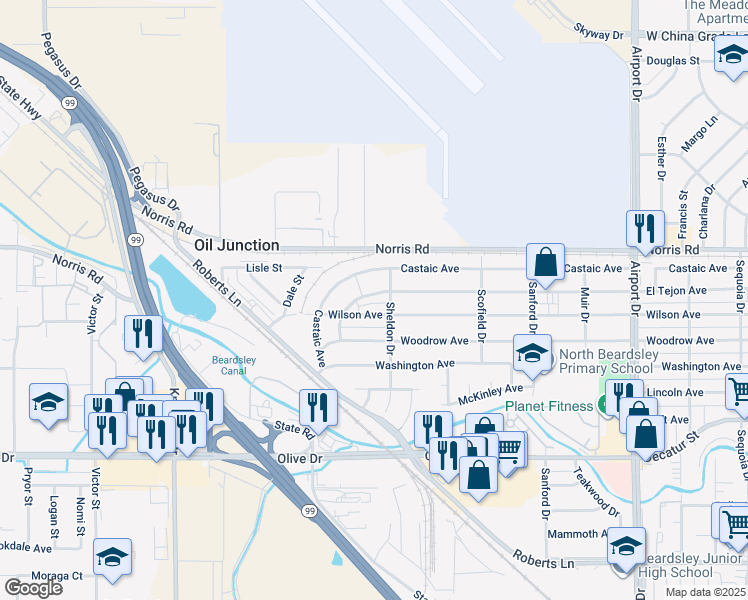 map of restaurants, bars, coffee shops, grocery stores, and more near 1308 El Tejon Avenue in Bakersfield