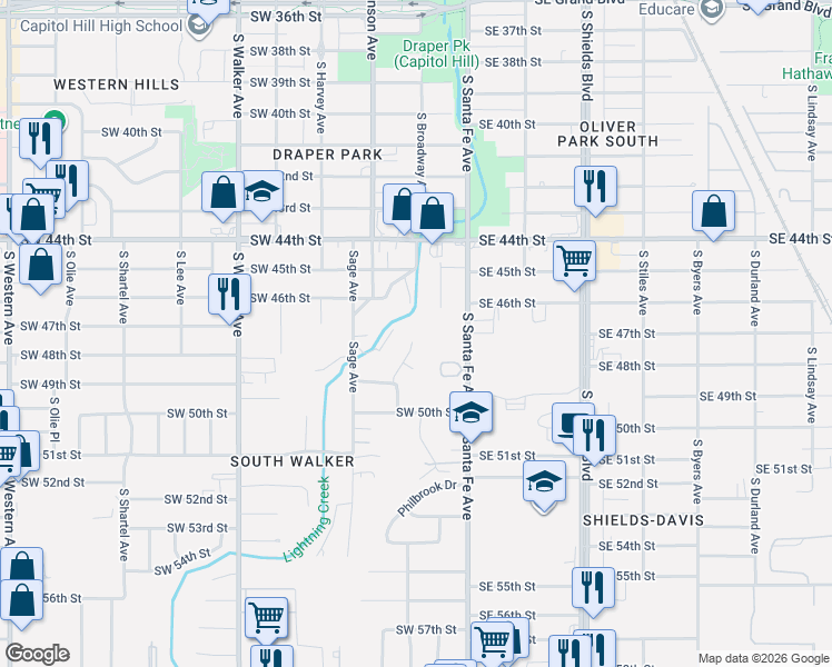 map of restaurants, bars, coffee shops, grocery stores, and more near 4801 Broadway Place in Oklahoma City