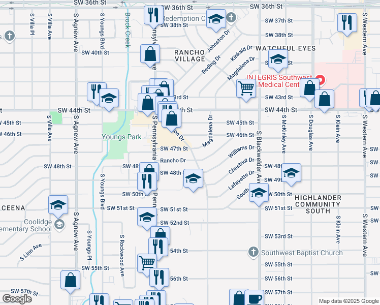 map of restaurants, bars, coffee shops, grocery stores, and more near 1600 Southwest 47th Street in Oklahoma City