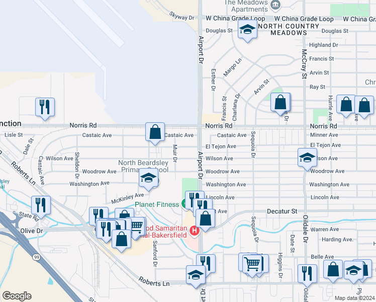 map of restaurants, bars, coffee shops, grocery stores, and more near 909 El Tejon Avenue in Bakersfield