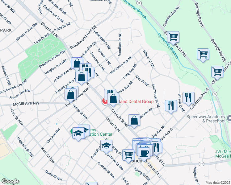 map of restaurants, bars, coffee shops, grocery stores, and more near 69 Meadow Avenue Northeast in Concord