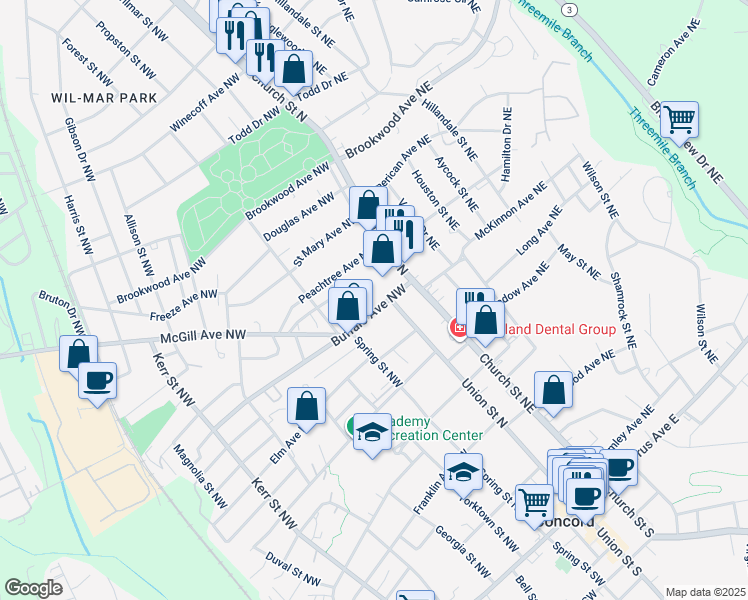 map of restaurants, bars, coffee shops, grocery stores, and more near 1 Buffalo Avenue Northwest in Concord