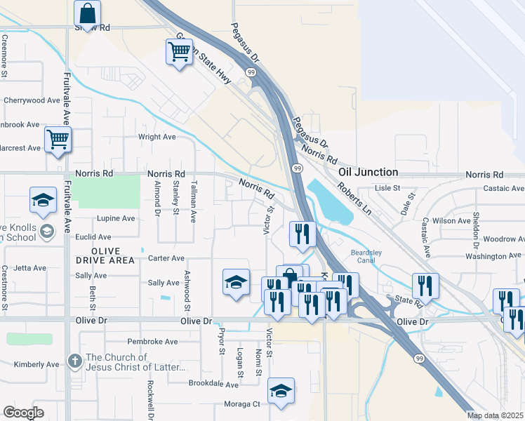 map of restaurants, bars, coffee shops, grocery stores, and more near 6301 Victor Street in Bakersfield