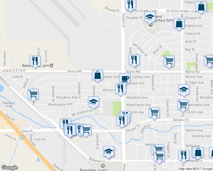 map of restaurants, bars, coffee shops, grocery stores, and more near 10191/2 El Tejon Avenue in Bakersfield