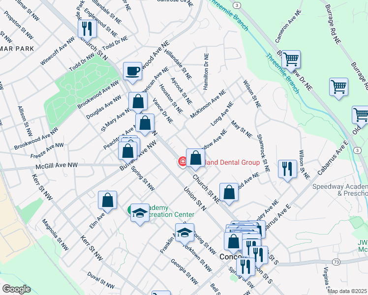 map of restaurants, bars, coffee shops, grocery stores, and more near 237 Vance Drive Northeast in Concord