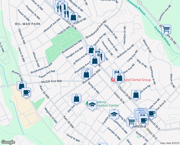 map of restaurants, bars, coffee shops, grocery stores, and more near 1 Buffalo Avenue Northwest in Concord