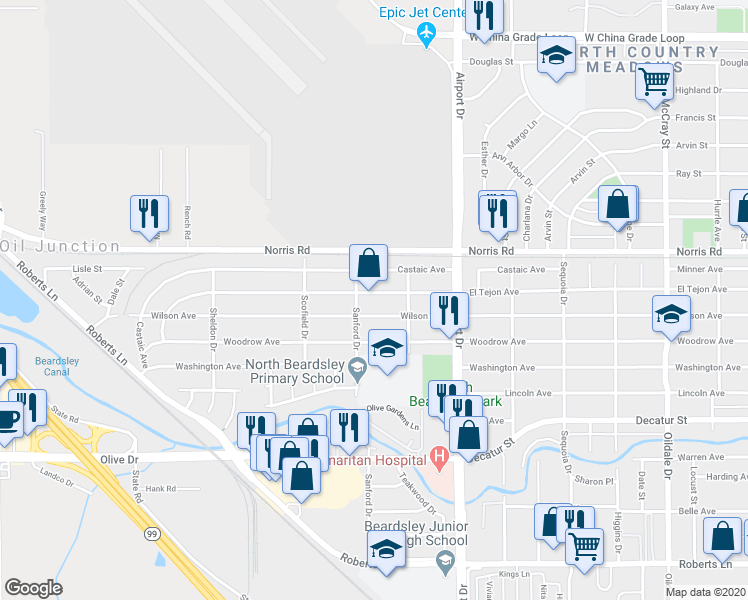 map of restaurants, bars, coffee shops, grocery stores, and more near 1017 El Tejon Avenue in Bakersfield