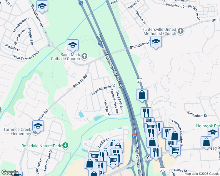 map of restaurants, bars, coffee shops, grocery stores, and more near 14621 Laura Michelle Road in Huntersville