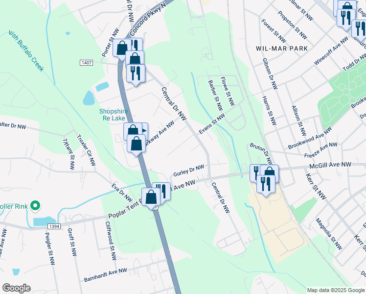 map of restaurants, bars, coffee shops, grocery stores, and more near 377 Lizzie Court Northwest in Concord