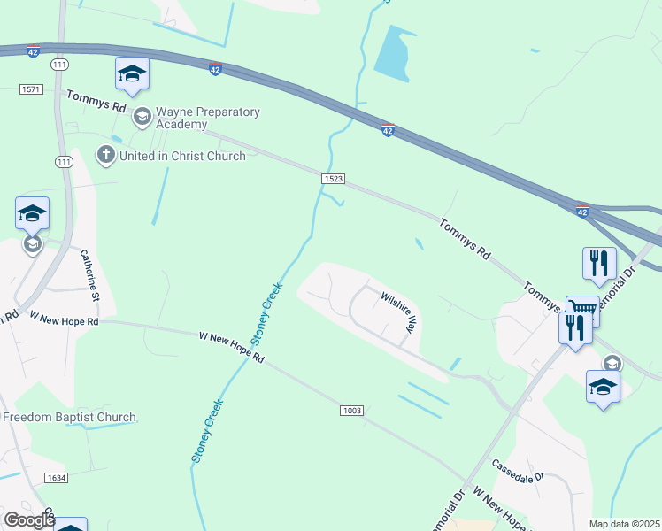 map of restaurants, bars, coffee shops, grocery stores, and more near 211 Coachmans Place in Goldsboro