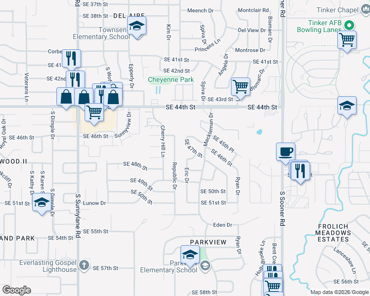 map of restaurants, bars, coffee shops, grocery stores, and more near 5020 Southeast 47th Street in Oklahoma City
