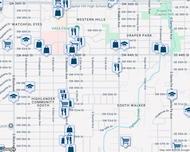 map of restaurants, bars, coffee shops, grocery stores, and more near 640 Southwest 47th Street in Oklahoma City