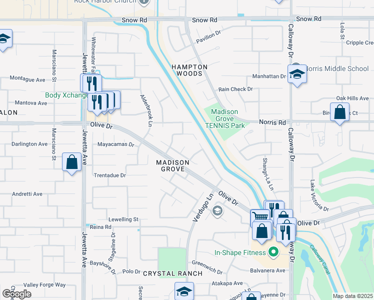 map of restaurants, bars, coffee shops, grocery stores, and more near 6308 Galena Falls Court in Bakersfield