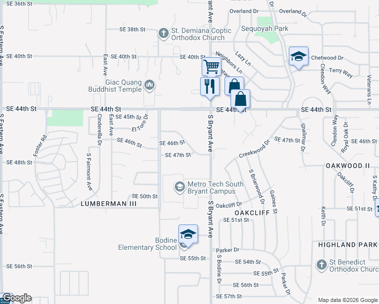 map of restaurants, bars, coffee shops, grocery stores, and more near 2905 Southeast 47th Street in Oklahoma City