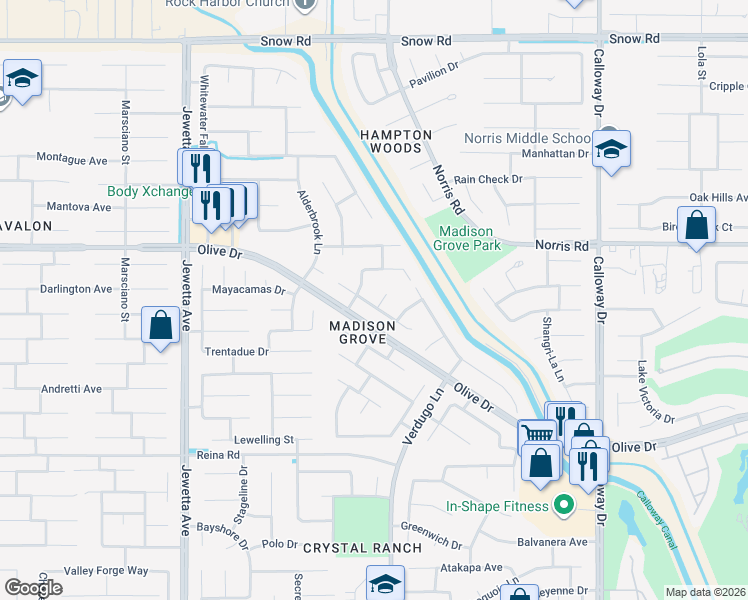 map of restaurants, bars, coffee shops, grocery stores, and more near 6301 Galena Falls Court in Bakersfield