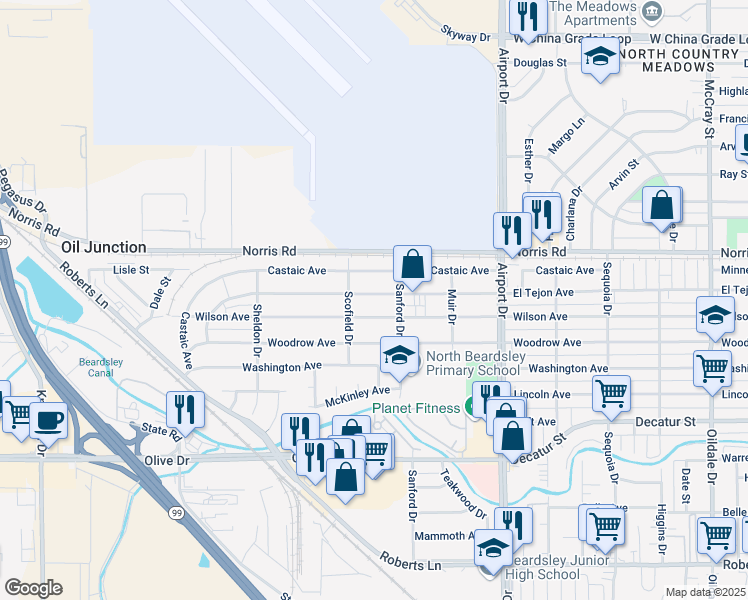 map of restaurants, bars, coffee shops, grocery stores, and more near 1111 El Tejon Avenue in Bakersfield