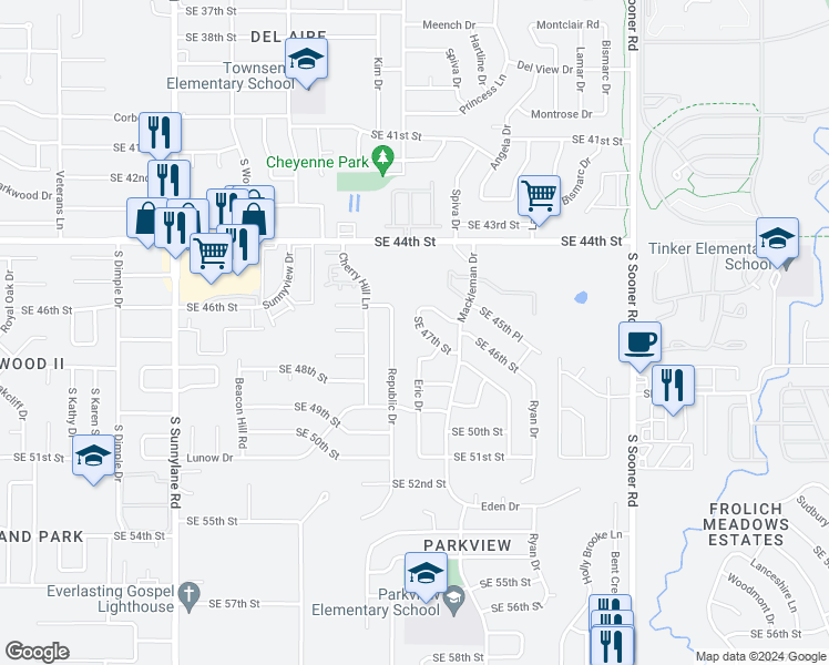 map of restaurants, bars, coffee shops, grocery stores, and more near 5020 Southeast 47th Street in Oklahoma City
